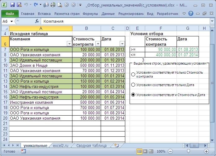 Отбор уникальных значений в EXCEL с условиями. Примеры и описание